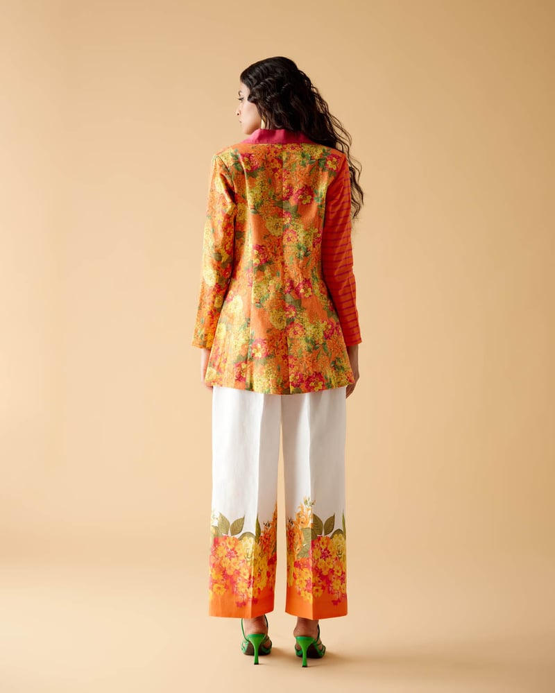 Orange/Pink Printed Linen Tailored Blazer