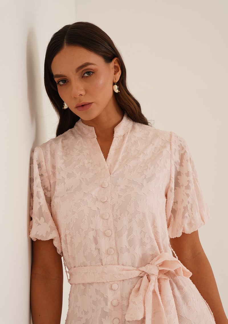 Baby Pink Textured Button-Front Midi Dress with Belt