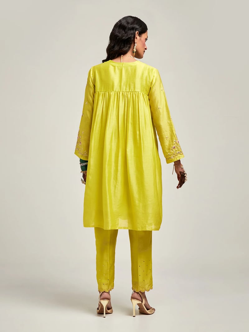 Lime Silk Chanderi Embroidered Yoke Kurta Set