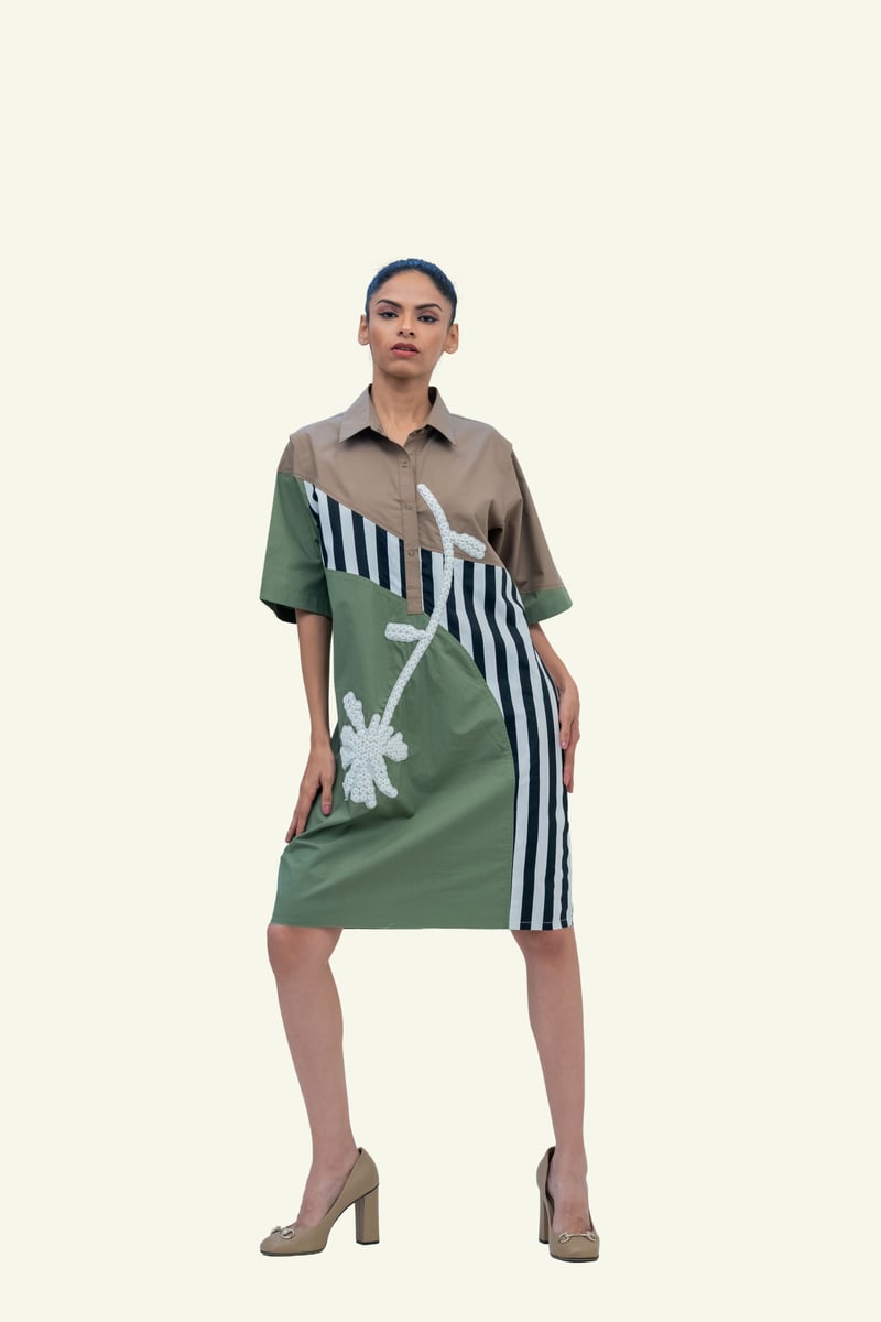 Olive Combo Cotton Dress with Embroidery