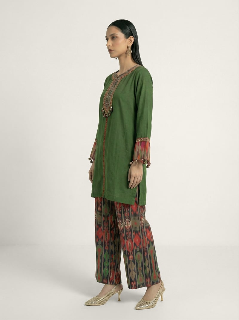 Green Muslin Silk Kurta and Wide-Leg Pants Co-ord Set