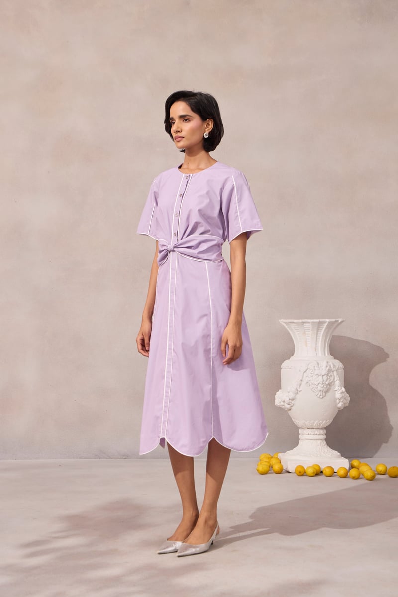 Sweet Lavender Fit and Flare Midi Dress with Piping