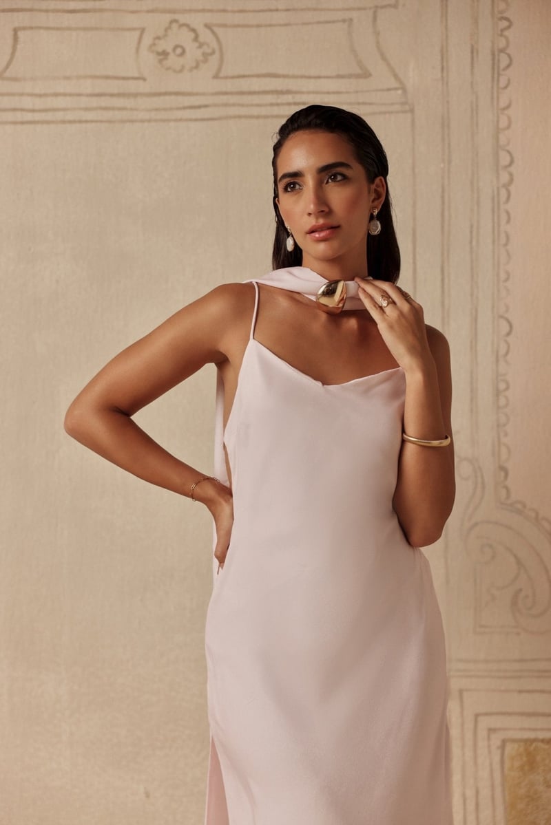 Pink Satin Maxi Slip Dress with Scarf Neck Detail