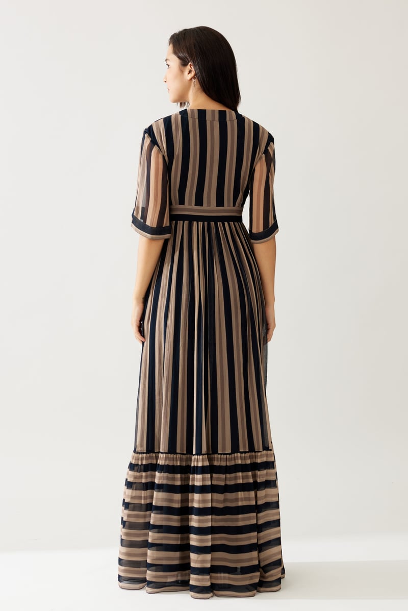 Dark Green And Beige Stripe Long Dress
