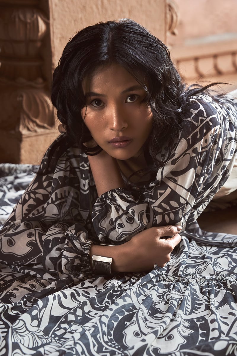 Champagne Jumpsuit with Abstract Printed Long Jacket