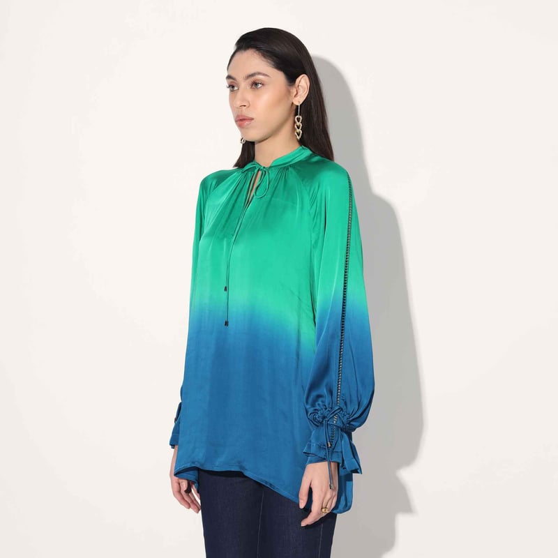 Blue/Green Ombre Viscose Satin Tie-Up Neck Longline Top