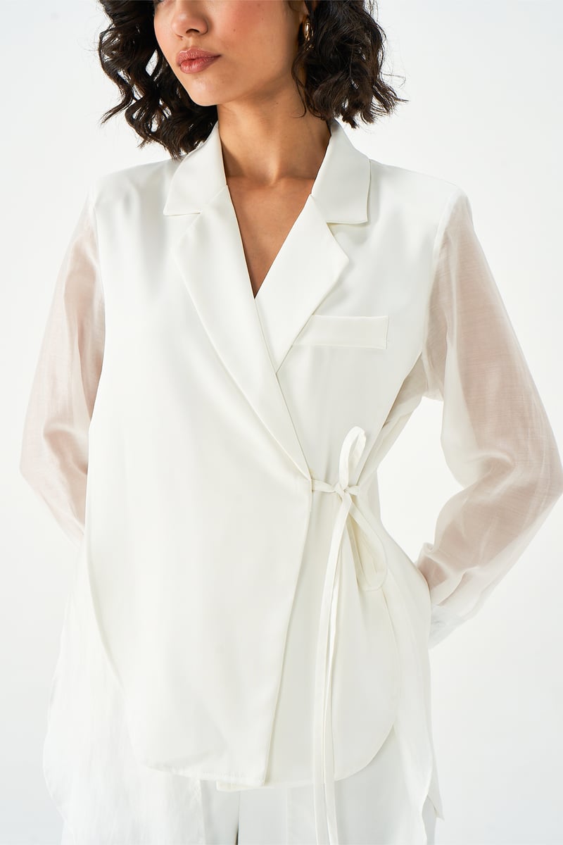 Ivory Longline Pant Suit Set with Sheer Sleeves