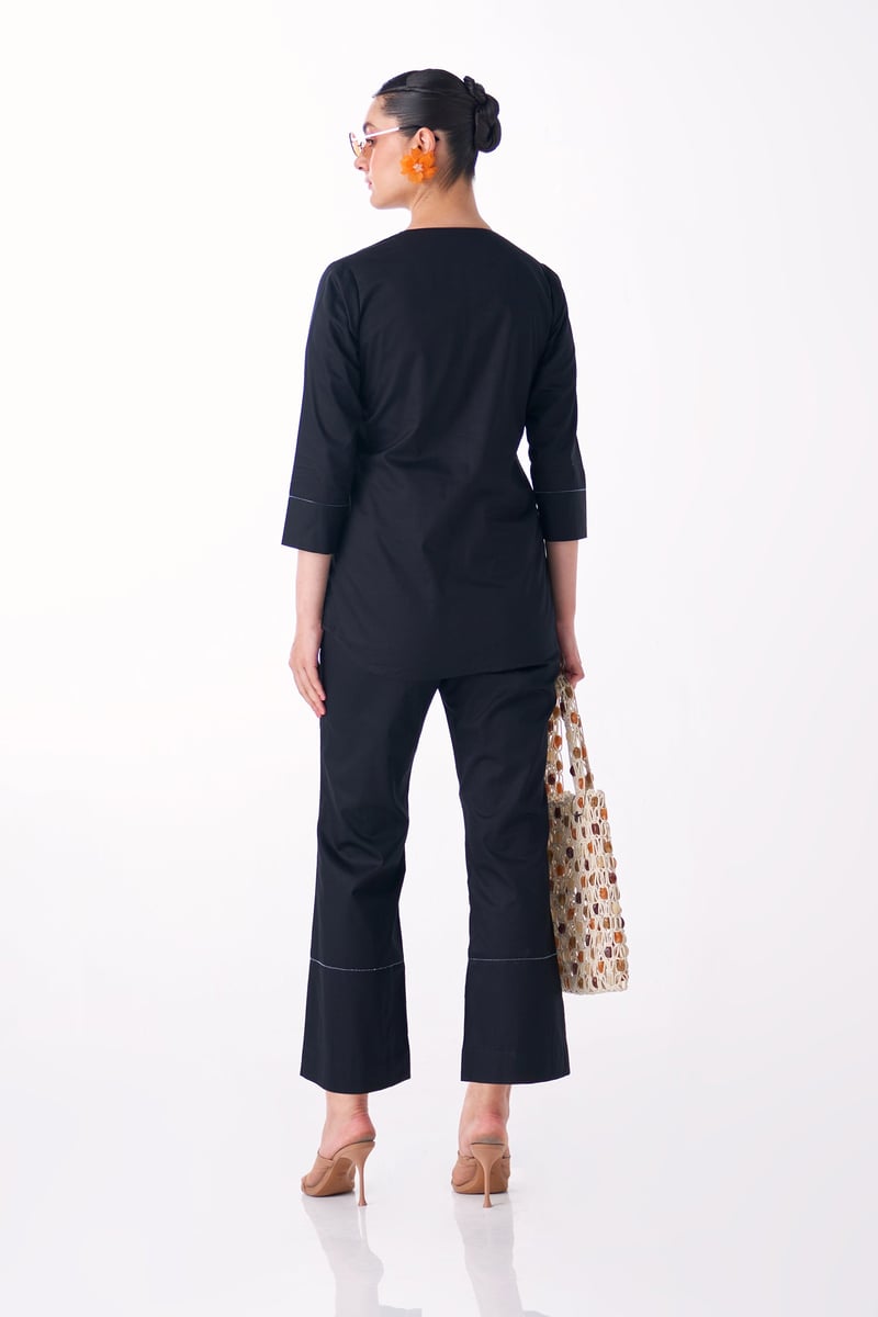 Black Cotton Satin Embroidered Shirt and Pant Co-ord Set