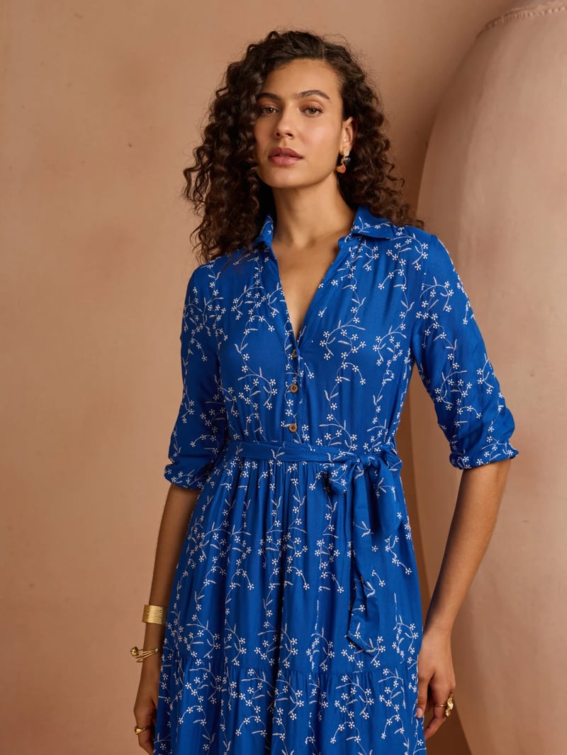 Blue Floral Print Belted Tiered Midi Shirt Dress