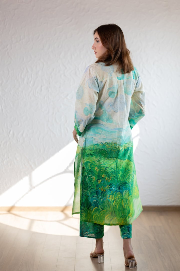 Multicolor Printed Button-Down Kurta Set with Pants