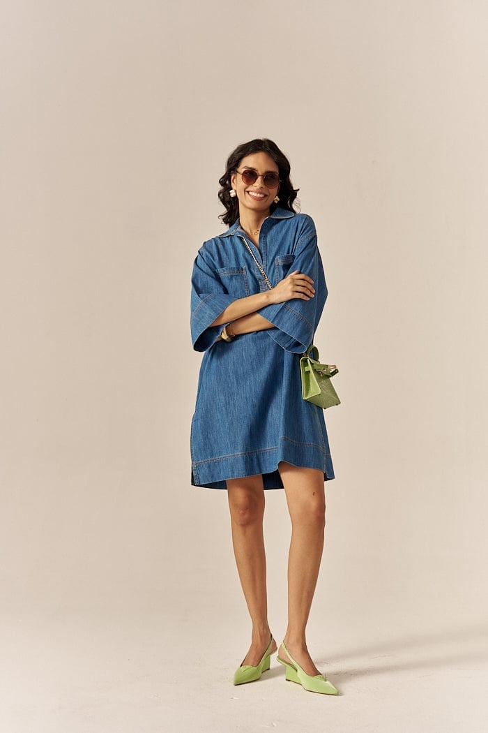 Blue Cotton Slub Denim Relaxed Mini Shirt Dress