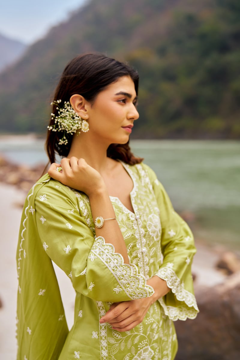 Green Cotton Embroidered Straight Kurta Set With Dupatta