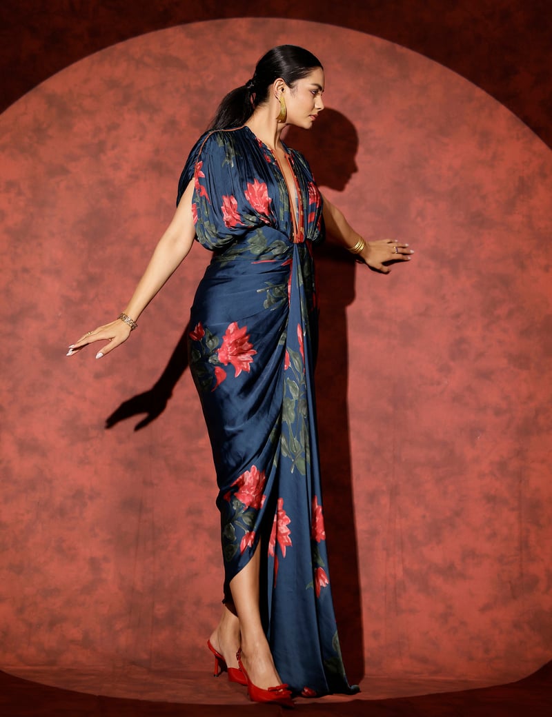 Peacock Blue Floral Kaftan Maxi Gown with Front Zipper