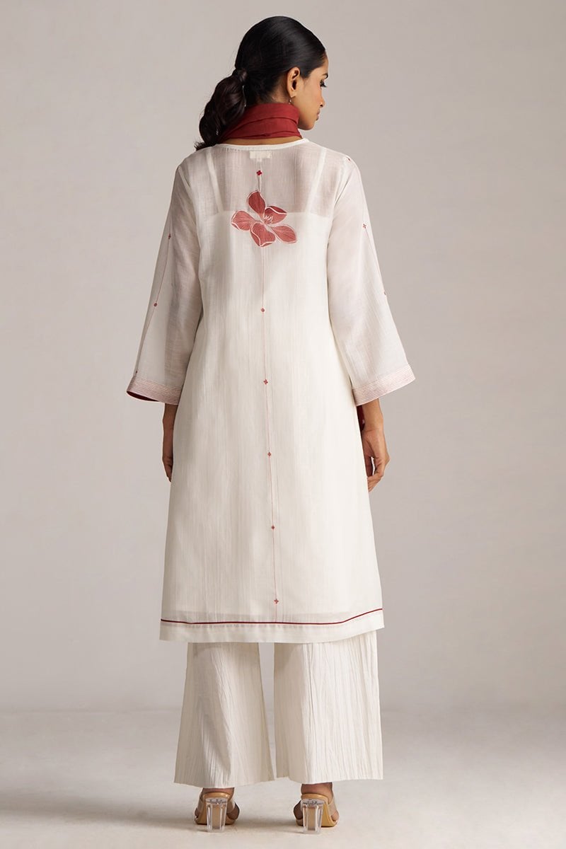 Ivory and Maroon Printed Chanderi Kurta Set with Stole