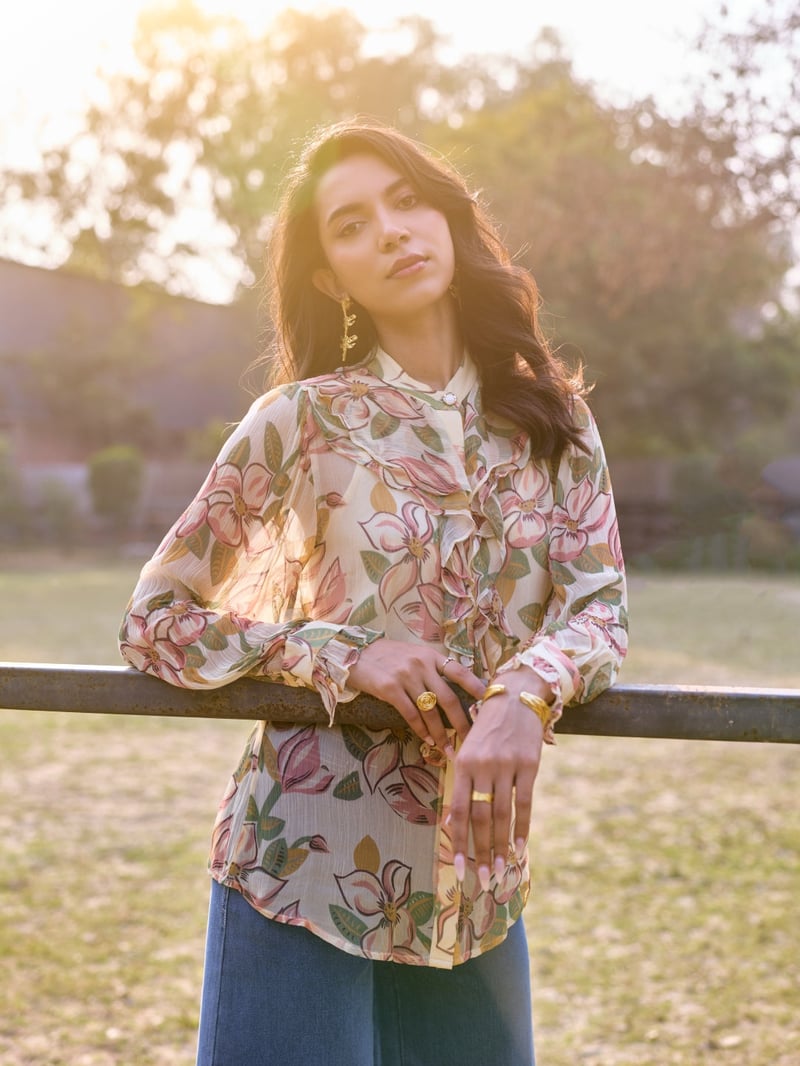 Yellow Floral Chiffon Ruffle High-Neck Top — Style Island