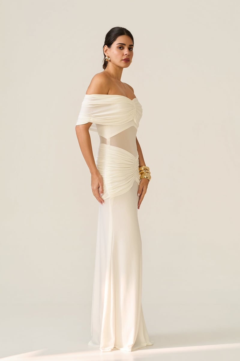 Ivory Off-Shoulder Ruched Maxi Gown with Sheer Waist