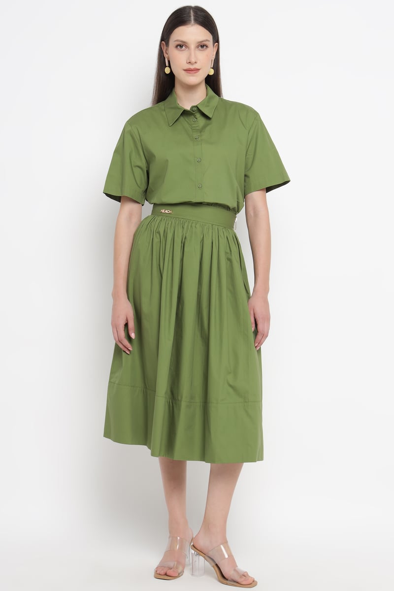Olive Green High-Waist Tiered Midi Skirt