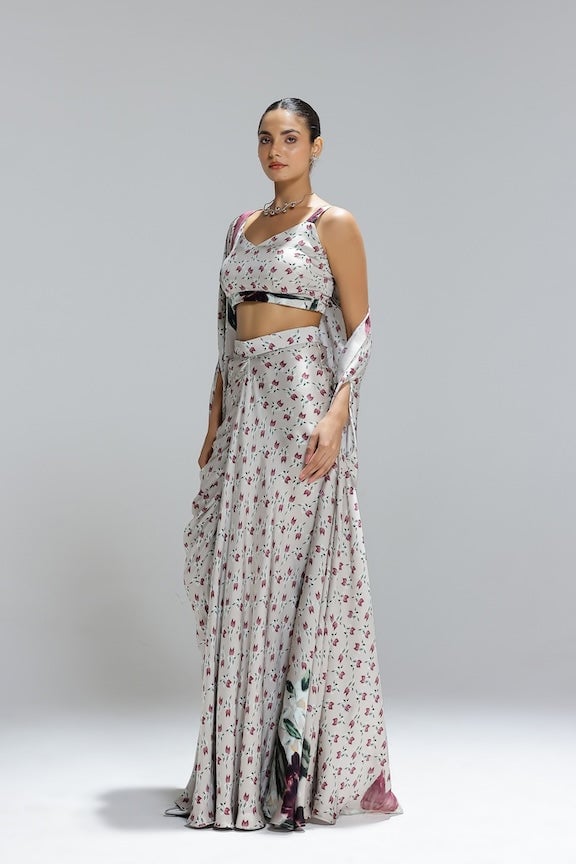 Beige Floral Bustier, Draped Maxi Skirt and Shrug Set