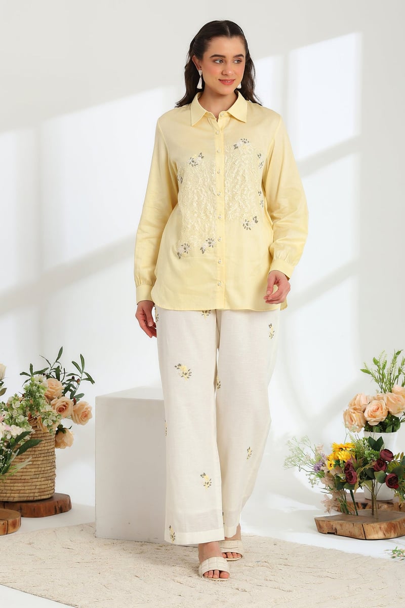 Butter Yellow Embroidered Button-Down Shirt