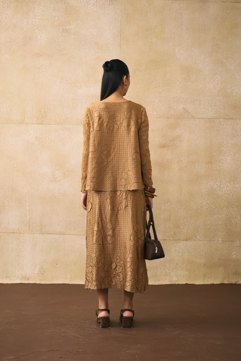 Mustard Textured Jacquard Top and Midi Skirt Co-ord Set