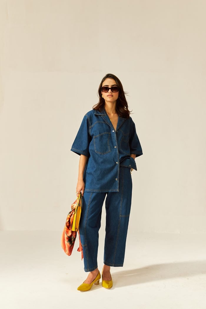 Dark Blue Denim Oversized Shirt and Pants Co-ord Set