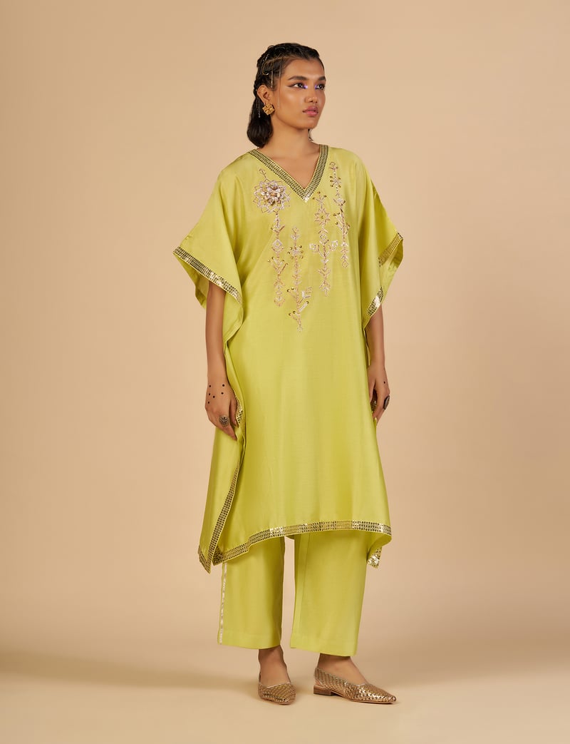 Lime Green Wide-Leg Chanderi Trousers