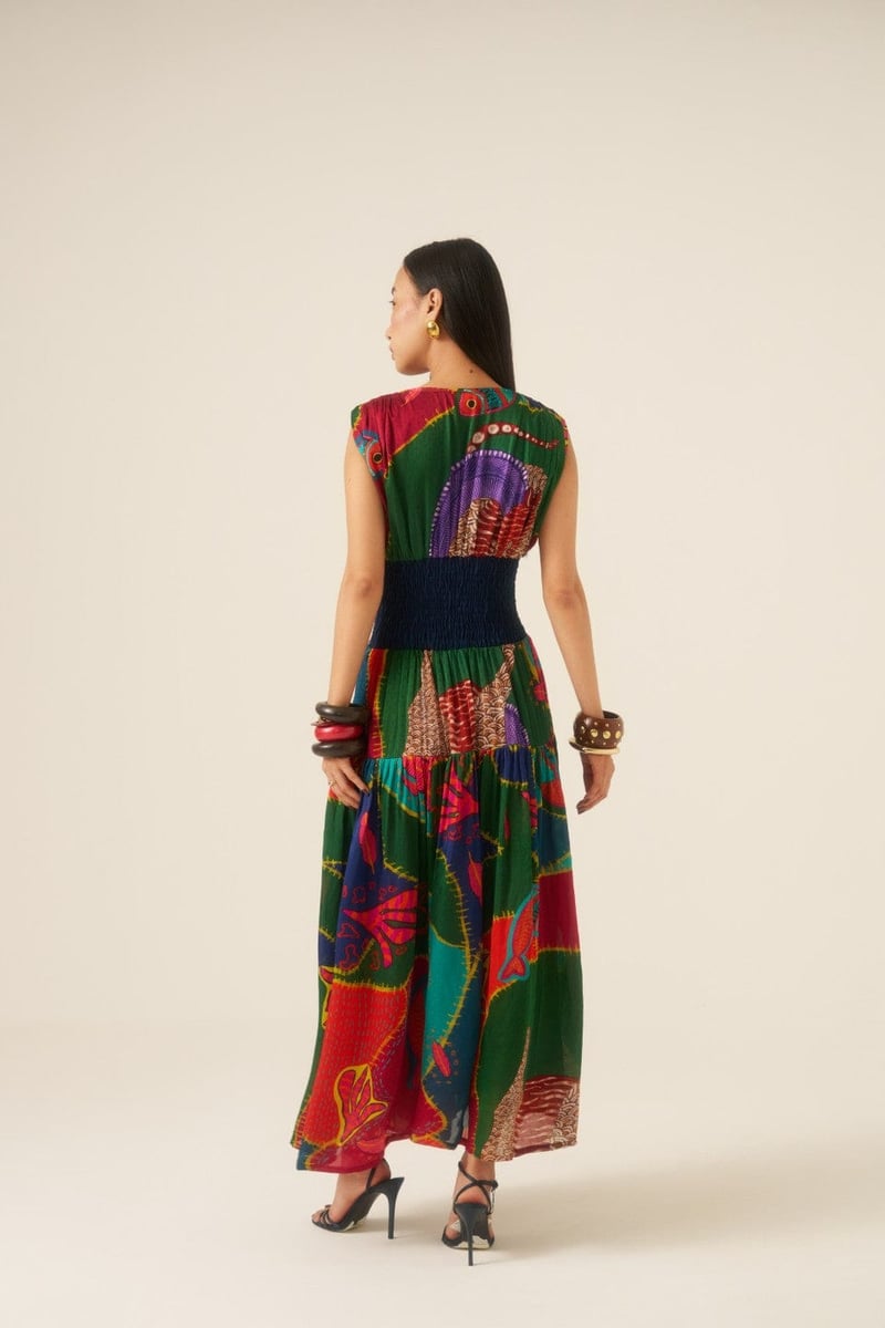 Multicolor Abstract Printed Tiered Smocked Waist Maxi Dress