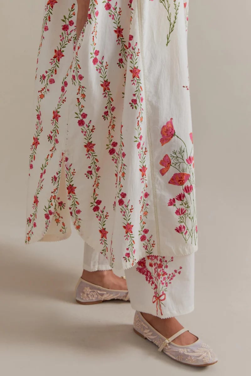 Off-White Pink-Green Floral Cotton Kaftan