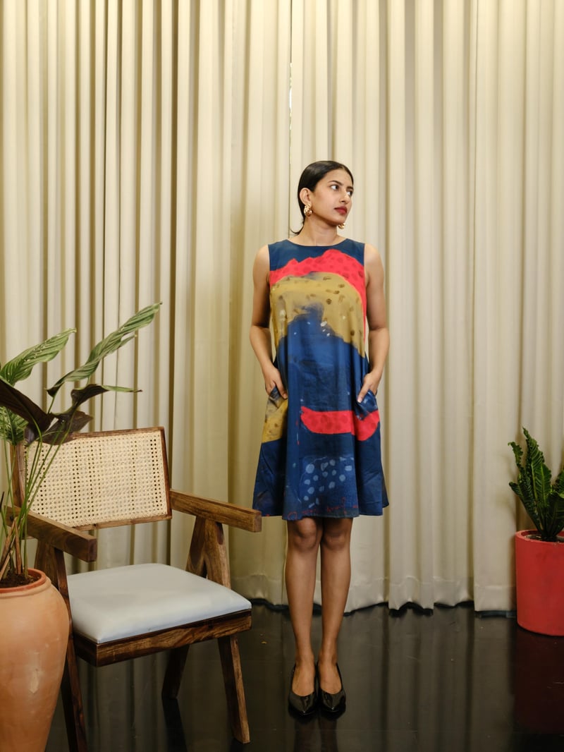 Multicolor Cotton Satin Abstract Print Shift Dress