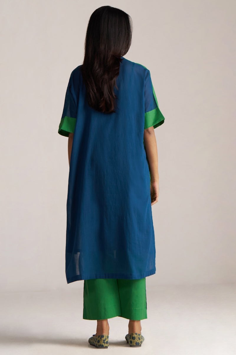 Blue and Green Colorblocked Kurta Co-ord Set with Slip