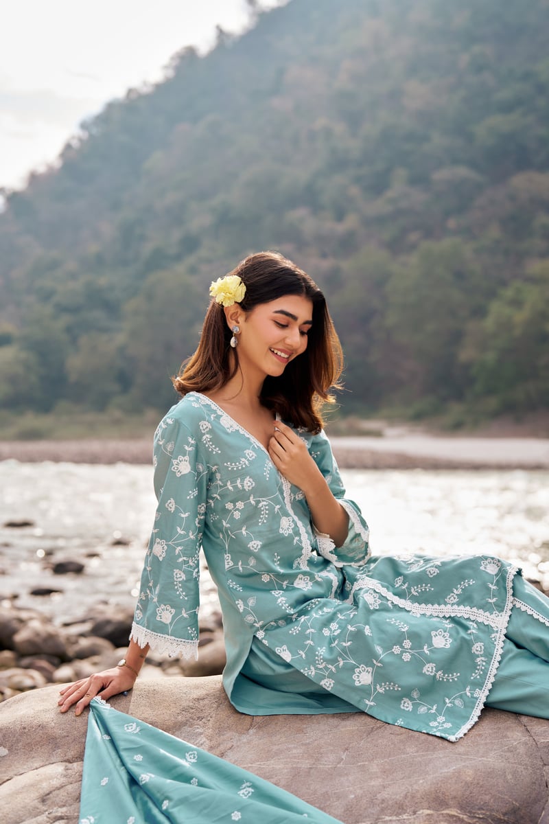 Blue Cotton Embroidered Kurta Set with Dupatta