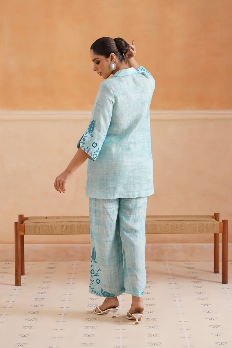 Aqua Blue Linen Embroidered Kurta Co-ord Set