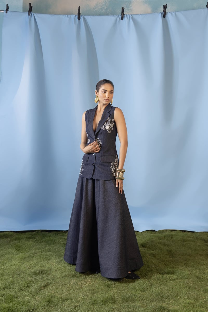 Navy Denim Vest and Maxi Skirt Co-ord Set