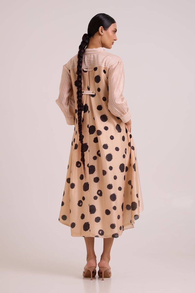 Almond Mixed-Print Midi Shirt Dress with Tie Belt