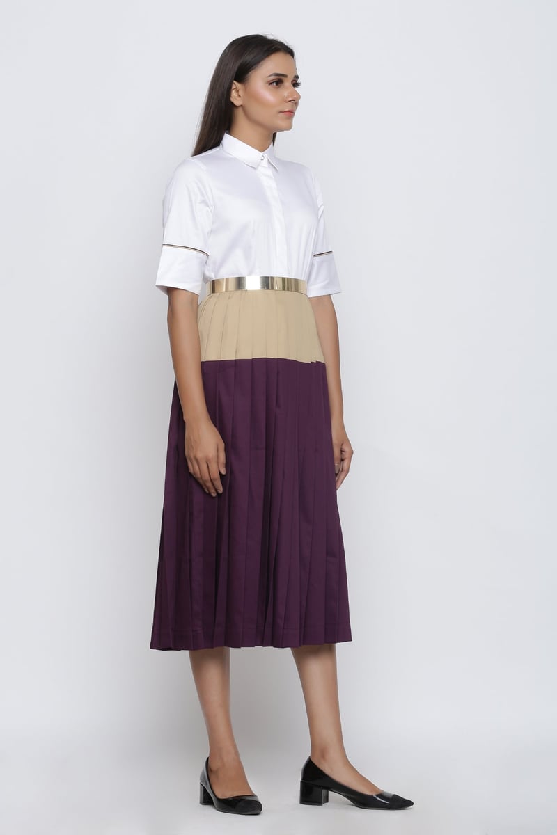 Colorblock Pleated Midi Shirt Dress