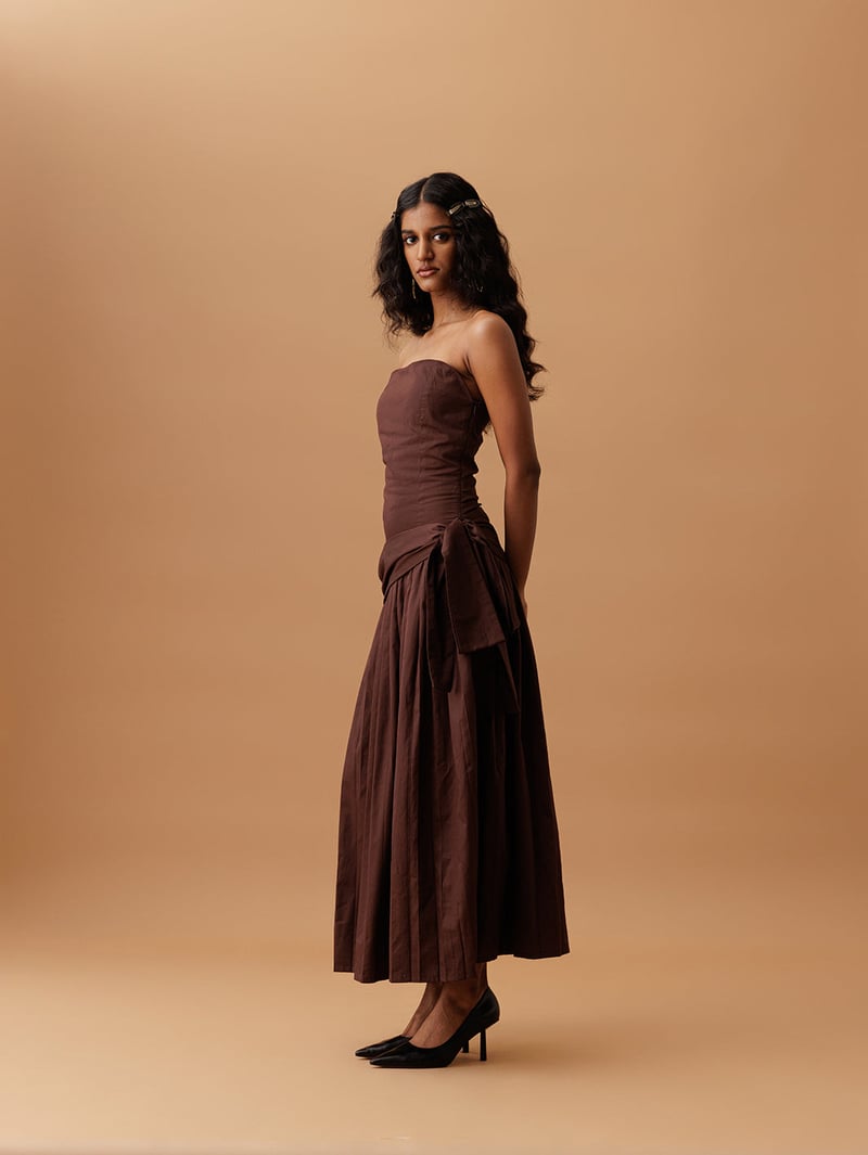 Brown Strapless Pleated Midi Dress with Side-Tie Drape