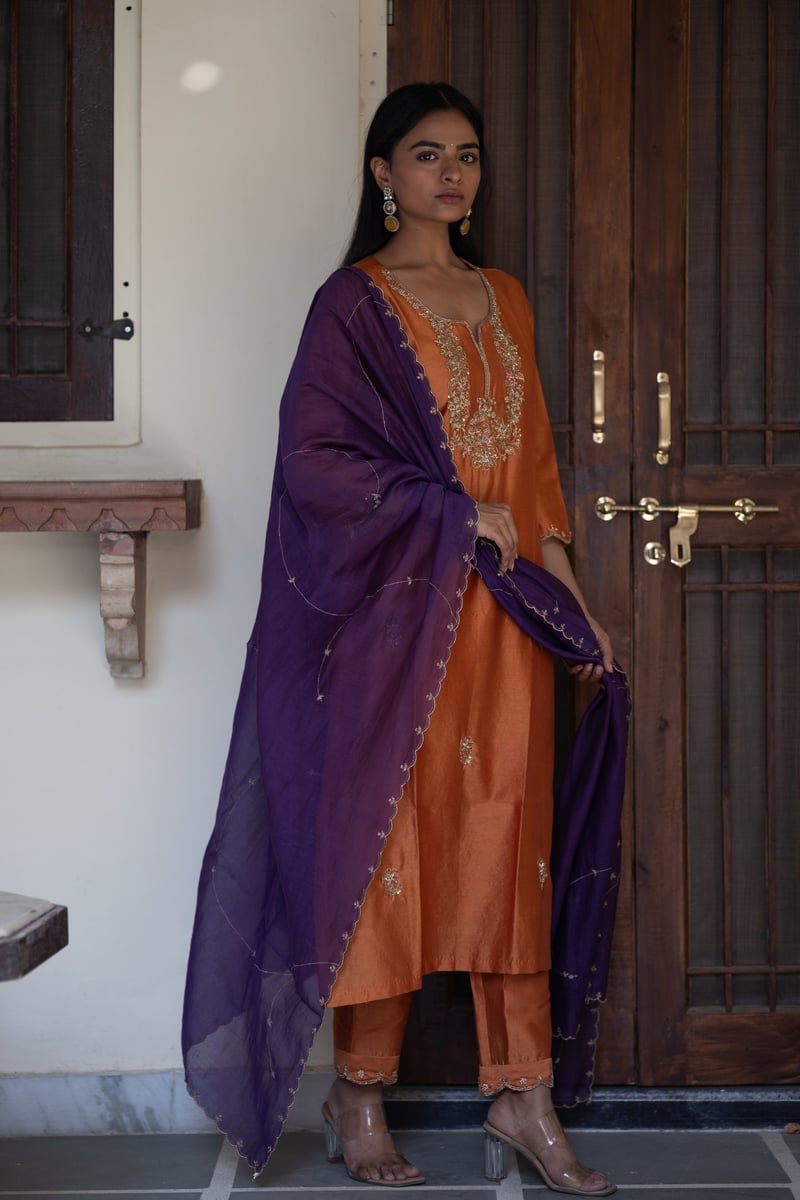 Rust Orange Zardozi Yoke Chanderi Silk Kurta Set
