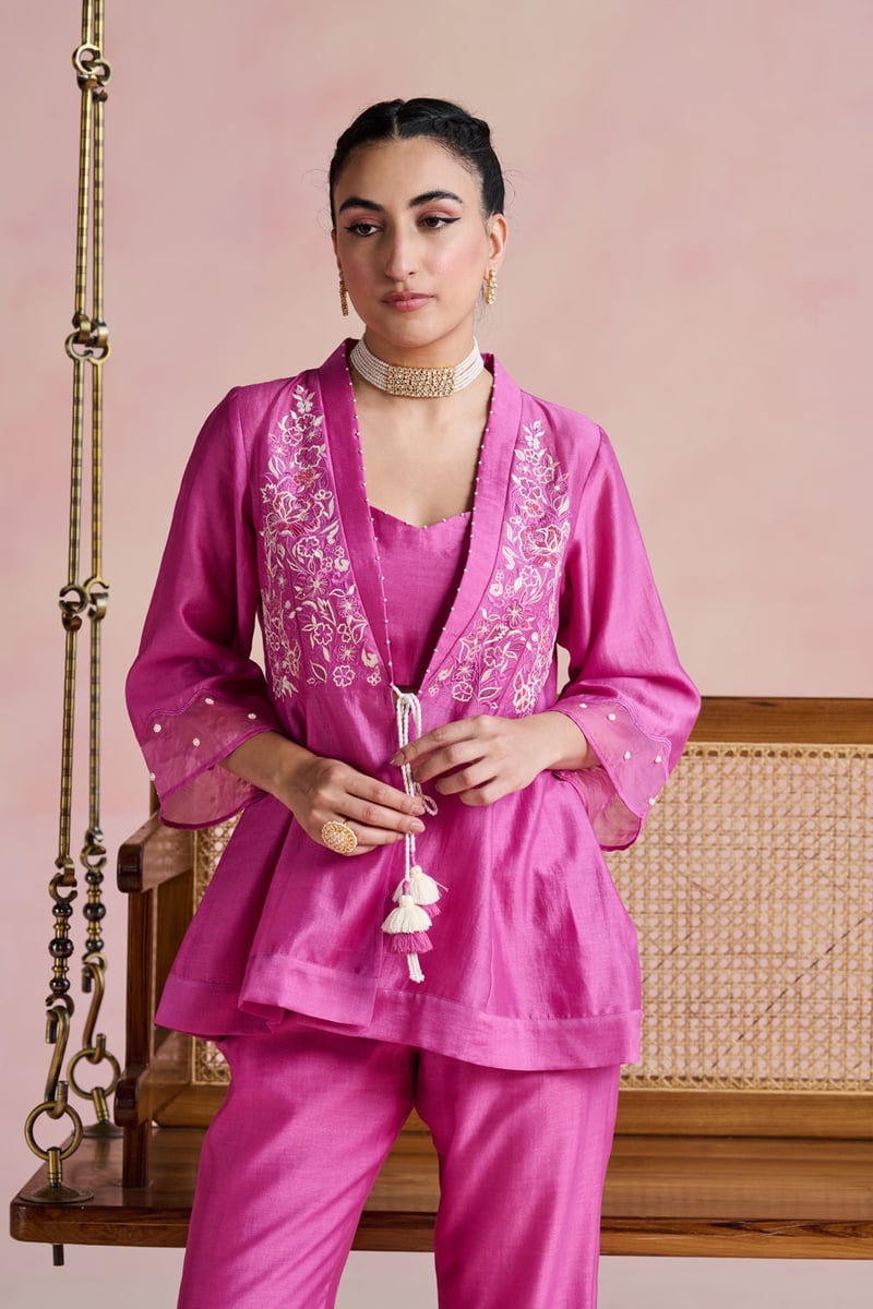 Bright Pink Chanderi Embroidered 3-Piece Kurta Set