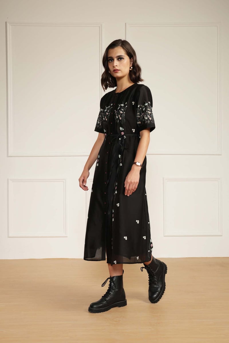 Black Silk Chanderi Floral Print A-Line Midi Dress