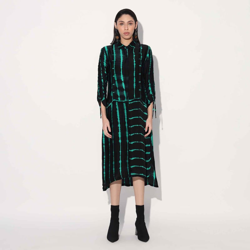 Green/Black Shibori Striped Satin Midi Shirtdress