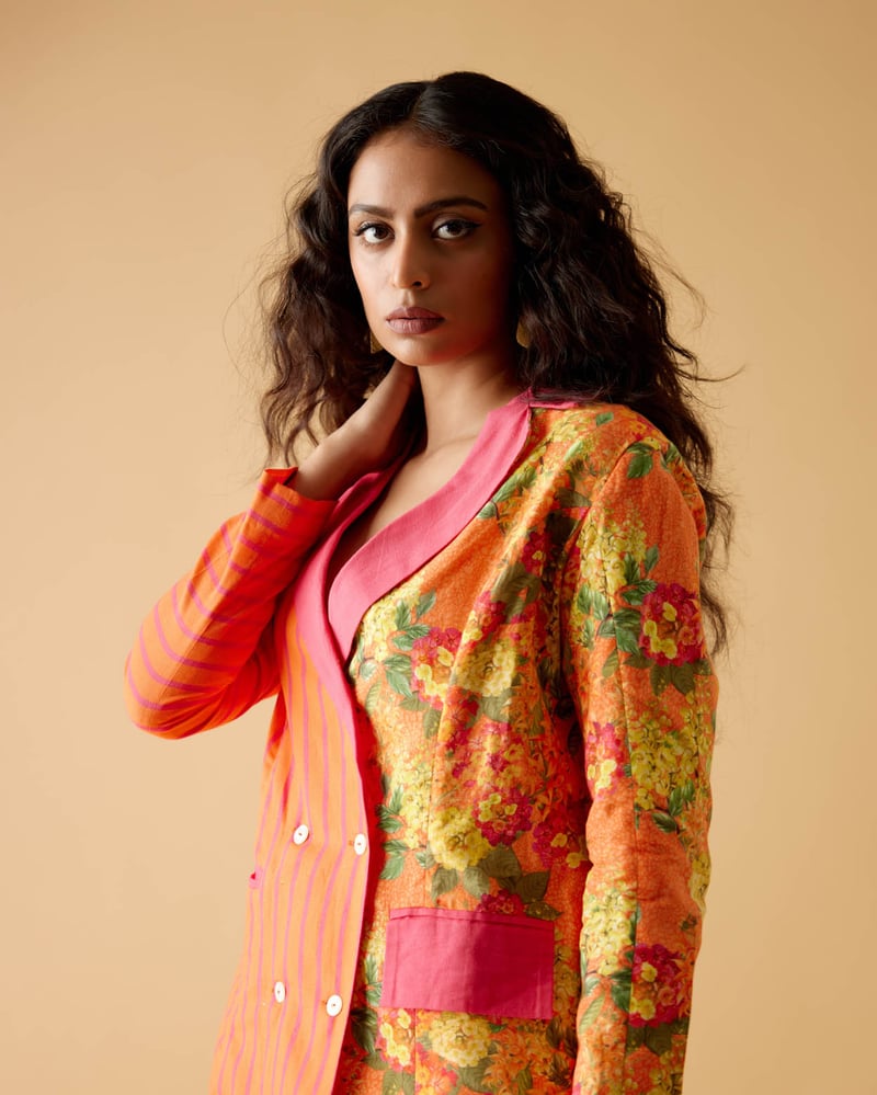 Orange/Pink Printed Linen Tailored Blazer