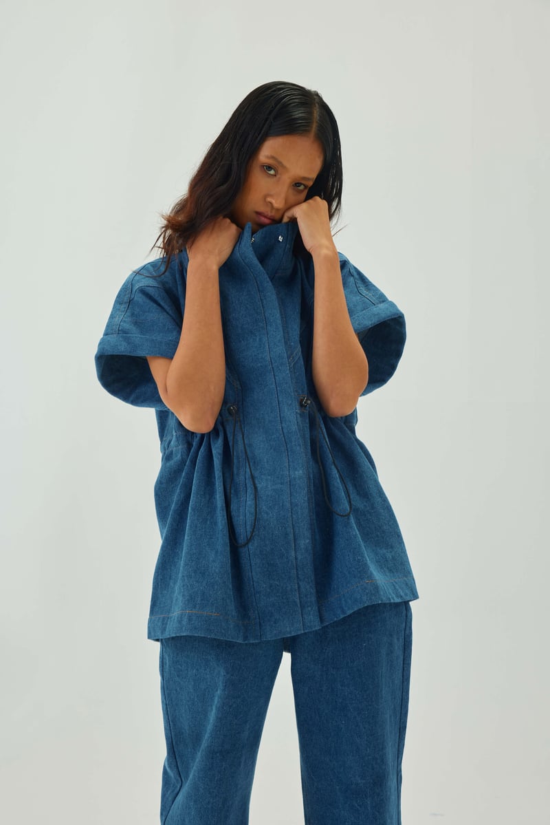 Oversized Sleeveless Blue Denim Jacket with Drawstring Waist