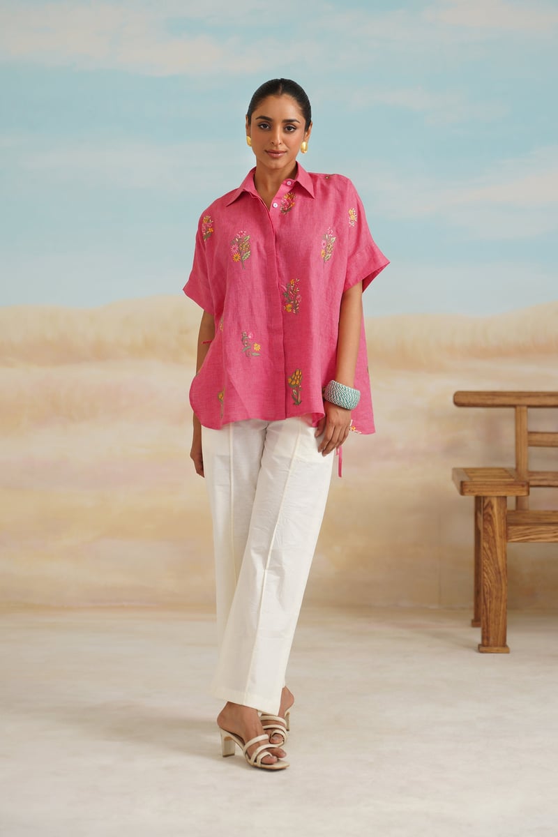 Brick Linen Embroidered Shirt and Cream Pants Co-ord Set
