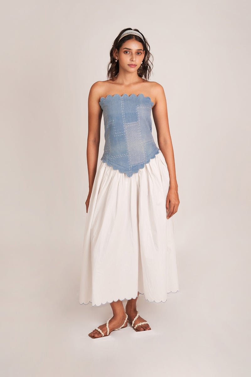 White and Blue Denim Corset Bodice Midi Dress — 9899