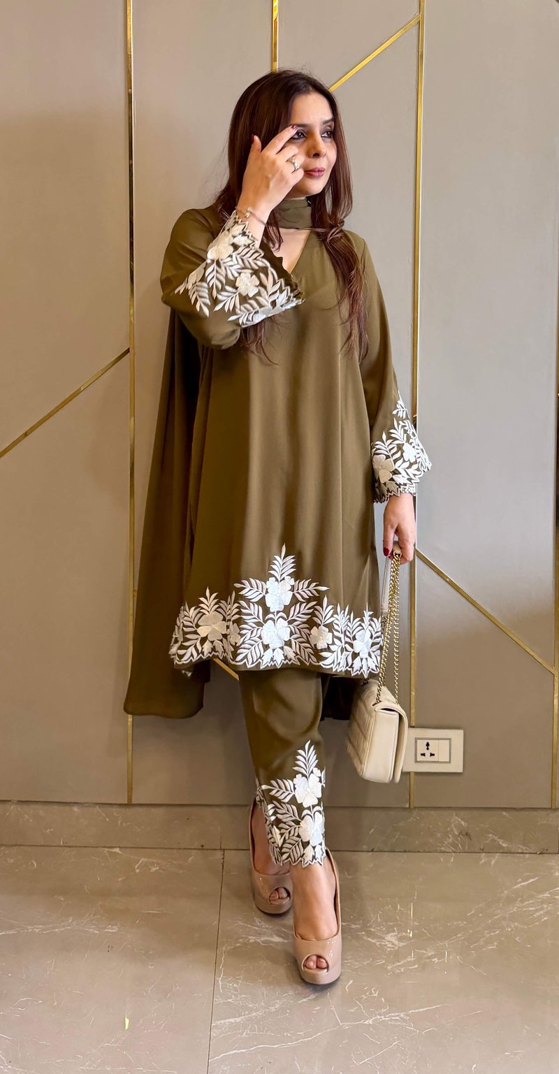 Olive Embroidered Kurta and Pant Co-ord Set
