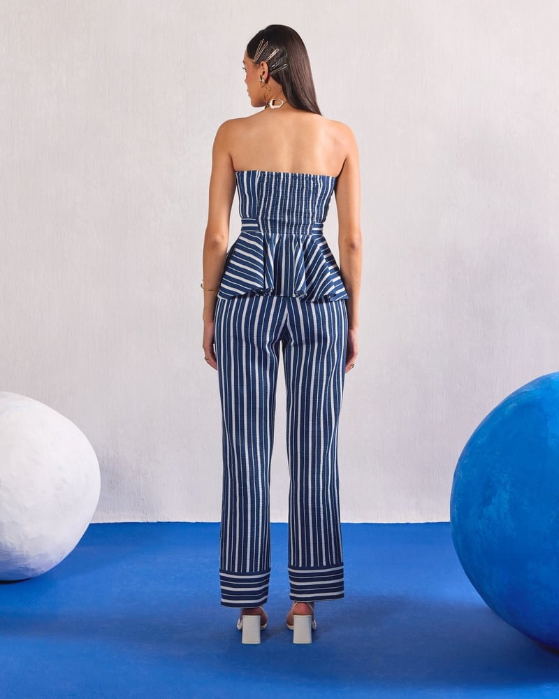 Blue/White Striped Bandeau Peplum Top and Pant Set