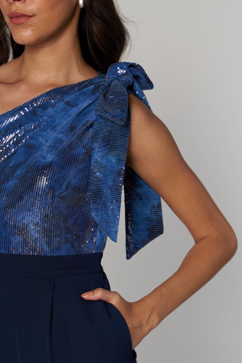 Blue One-Shoulder Sequin Wide-Leg Jumpsuit