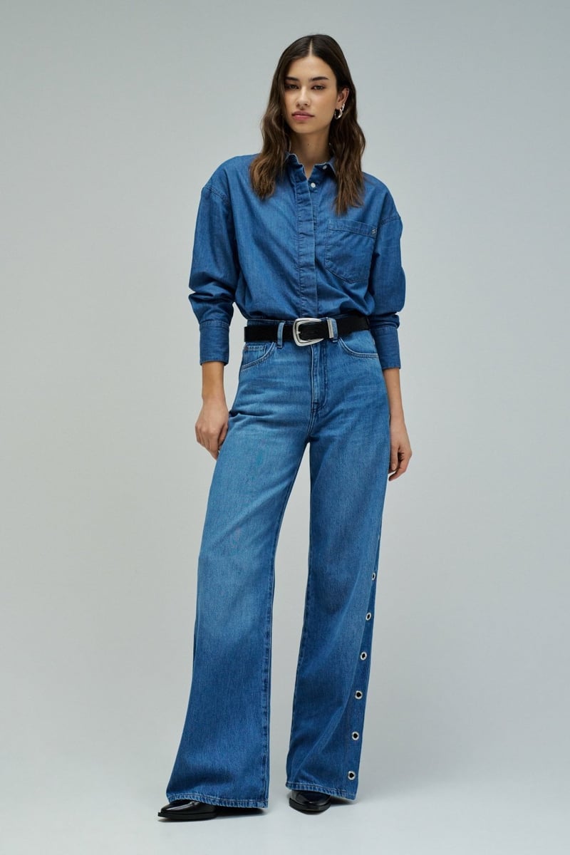Blue Very High-Waist Wide-Leg Jeans with Eyelets