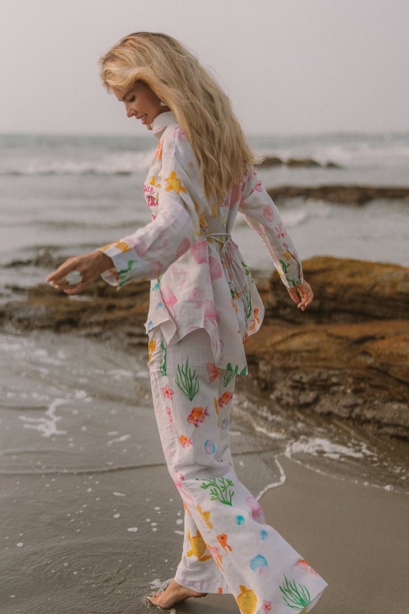 White Printed Linen Bootcut Trousers with Drawstring Waist