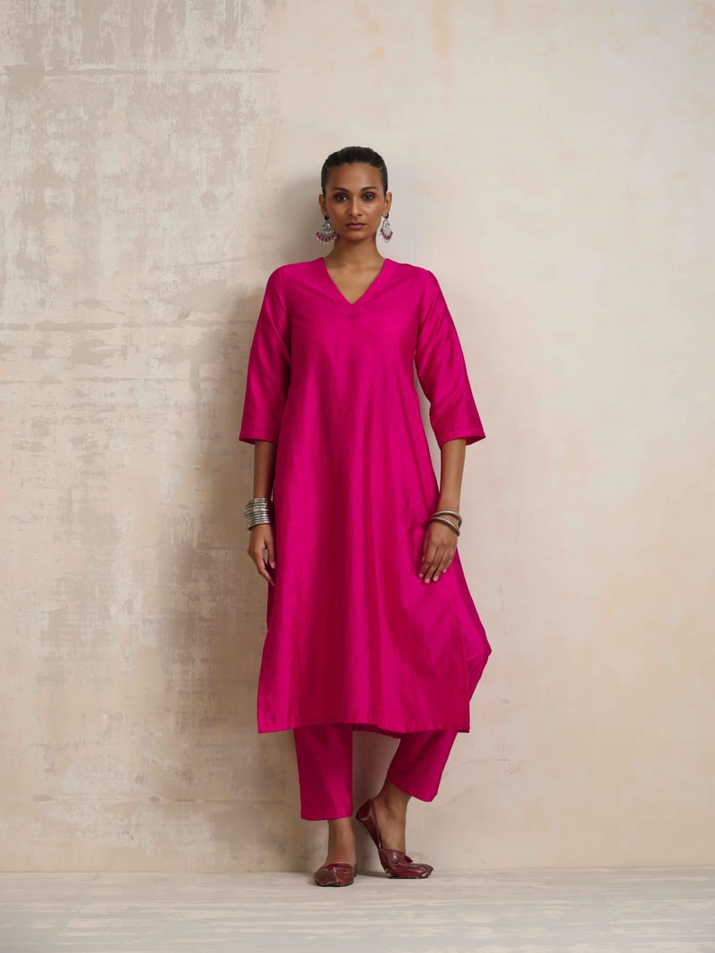 Pink Silk Blend High Slit Kurta Set